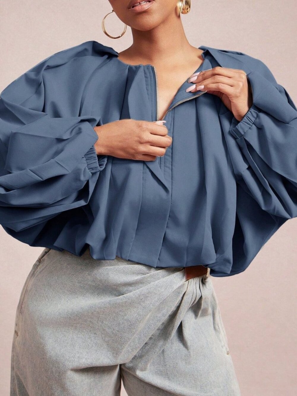 Dusty Blue Casual Women's Woven Zip Up Batwing Balloon Sleeve Jacket